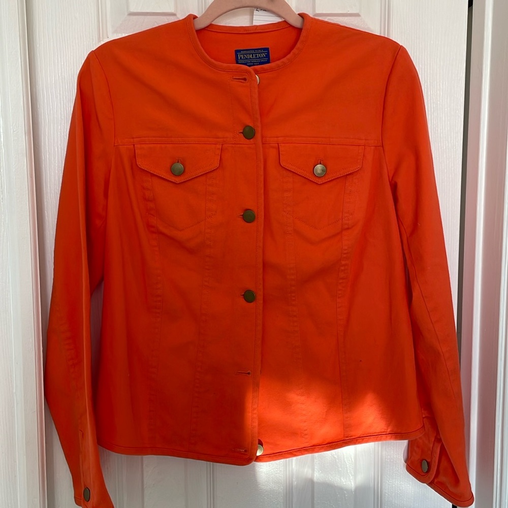 PENDLETON  BRIGHT ORANGE DENIM STRETCH BUTTON UP JACKET TOP SIZE SMALL